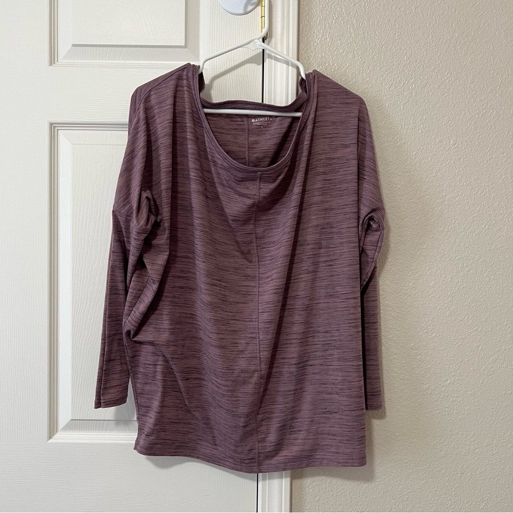 Athleta Essence Flow Printed Top Purple Long Sleeve Boat Neck Size L